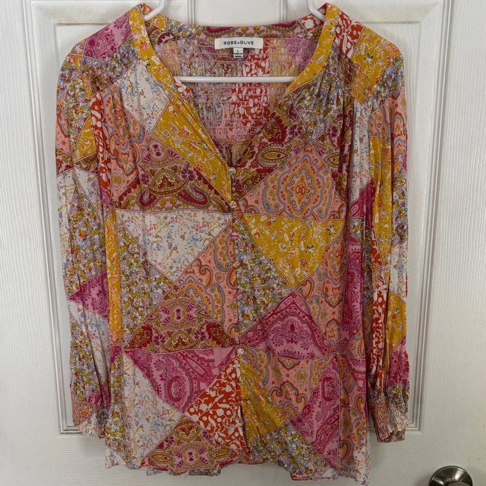 Rose & Olive Vibrant Patchwork Blouse size L - Picture 2 of 9